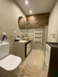 ein Badezimmer mit einem WC, einem Waschbecken und einem Spiegel in der Unterkunft Casa María IBIZA in San Jose de sa Talaia