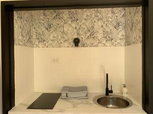 La salle de bains est pourvue d'un lavabo et de papier peint. dans l'établissement PYRENE HOLIDAYS 3 étoiles lumineux dans immeuble atypique proche des thermes et des Pyrénées, à Capvern