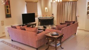 a living room with couches and a flat screen tv at Villa Omega Kefalonia in Karavadhos