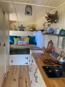 Neddys Rest Luxury Horsebox Stay في باتيل: مطبخ صغير مع سرير وأرضية خشبية