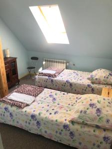 1 dormitorio con 2 camas y tragaluz en Dworek Rogowo, en Choroszcz