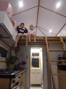 SînnicoarăTiny House Dezmir的两个孩子坐在房间顶上