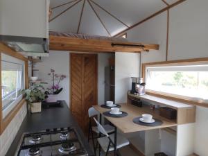 una cocina en una casa pequeña con fogones en Tiny House Cluj with Jacuzzi, en Sînnicoară 37 fotos más