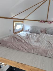 Cama grande en habitación con ventana en Tiny House Cluj with Jacuzzi, en Sînnicoară