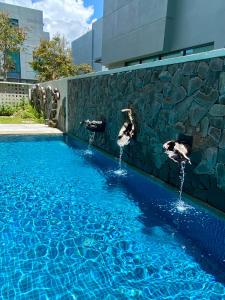 3 canards nageant dans une piscine à côté d'un mur de pierre dans l'établissement Ikiru 18 Private Saltwater Pool Villa, 3 Ensuite BR, Outdoor BBQ, 5 mins to Beach, à Pantai Cenang