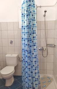 a bathroom with a toilet and a shower curtain at Hellmann Apartments in Afionas