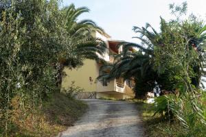 a road leading up to a house with palm trees at Hellmann Apartments in Afionas