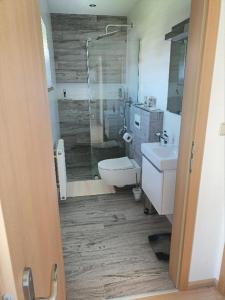 a bathroom with a shower and a toilet and a sink at Ubytování U Vrbičky - blízko Prahy in Unhošť