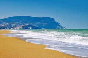 una playa con olas y una montaña en el fondo en La Casa al Mare di Giulia en Porto Potenza Picena
