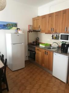 a kitchen with wooden cabinets and a white refrigerator at Casa dos Pais in Odeceixe