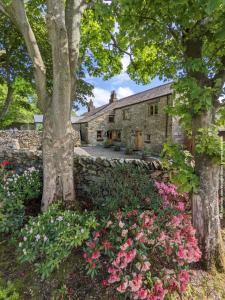 una vecchia casa in pietra con alberi e fiori di The Wayside and Whisky Barn a Whitbeck
