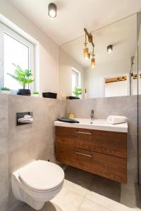 a bathroom with a toilet and a sink and a mirror at Domki - Bursztynova 13 in Łeba +57 photos