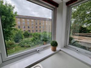 ein Fenster mit einer Topfpflanze auf einem Fensterbrett in der Unterkunft Swan Path Retreat - 2 Bedroom Apartment in Heybridge