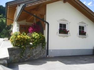 dom z dwoma oknami i kwiatami na drzwiach w obiekcie Apartment in See near Ski Slopes w mieście See