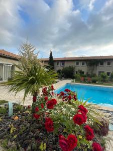 トレブにあるBel Hotel Restaurant la Gentilhommièreの赤い花の庭園