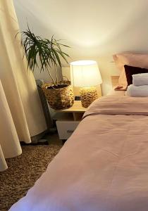 a bedroom with a bed with a lamp and a plant at Casa Cărbunaru in Tîrgu Ocna