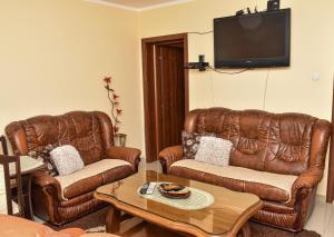 sala de estar con 2 sillas de cuero y TV en Apartments Simun en Kotor