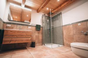 a bathroom with a shower with a glass shower stall at Ferienhaus Woidhaus in Kollnburg