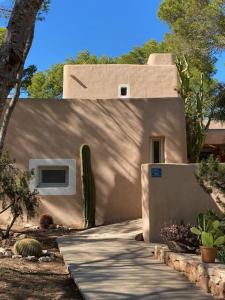 una pequeña casa con un cactus al lado de una acera en Casa Muro Luxury Villa en Cala Saona