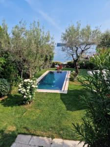 a backyard with a swimming pool in the grass at Jane's Dream Apartment in San Felice del Benaco