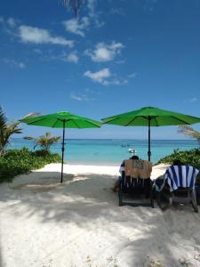 due sedie e ombrelloni su una spiaggia con l'oceano di Shanaz Beachside Retreat ad Anse Royale
