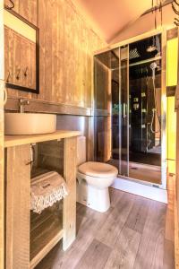 une salle de bain avec toilettes, lavabo et douche dans l'établissement Safaritent Glamping de L'Olivigne, à Bize-Minervois