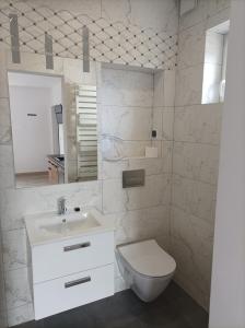 a white bathroom with a sink and a toilet at Pensjonat na Wzgórzu in Solina