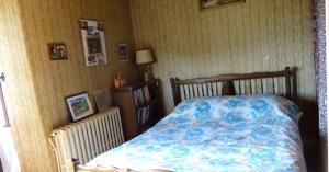 een slaapkamer met een bed met een blauw dekbed bij Maison de 3 chambres avec jardin clos a Teyssieu in Teyssieu