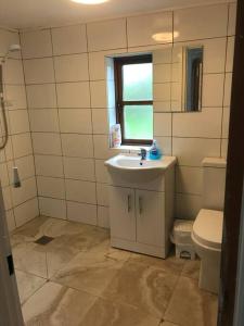 uma casa de banho com um lavatório, um WC e uma janela. em Ancaire Cottage Kilbronogue. Schull em Schull