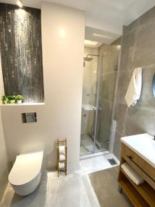 a bathroom with a shower and a toilet and a sink at MONI Downtown Luxury Apartments in Belgrade