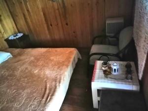 a small room with a bed and a table at Splav Ljubavno Ostrvo in Čerević