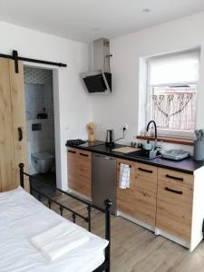 a kitchen with a sink and a counter top at Pensjonat na Wzgórzu in Solina