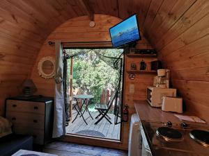 una cocina con TV en una casa pequeña en Ma cabane au fond du jardin en Porto Vecchio