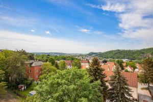 an aerial view of a town with houses and trees at Hostel Am Windberg in Freital