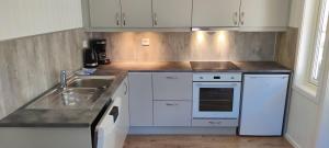 a kitchen with white cabinets and a sink at Lunde Camping in Aurland