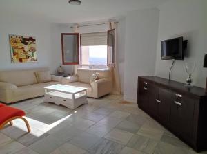 ein Wohnzimmer mit einem Sofa und einem TV in der Unterkunft Casa Rural La Promesa Granada in Víznar