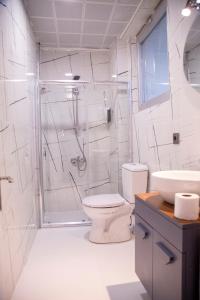 a bathroom with a shower and a toilet and a sink at Valeron Suit Premium in Istanbul