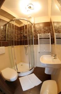 a bathroom with a shower and a toilet and a sink at Halibut in Stegna