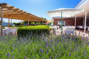 a garden with white tables and an umbrella and purple flowers at Tres Estrellas in Gavà