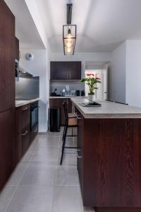 una cocina con una gran isla con encimera en Appartement lumineux de standing, en Drancy