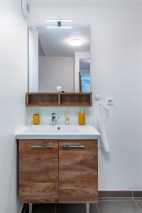 ein Bad mit einem Waschbecken und einem Spiegel in der Unterkunft Appartement lumineux de standing in Drancy