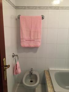 baño con lavabo y toalla rosa en PASEO DO MACEIRAS, en Redondela