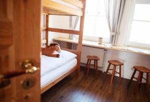 a man laying on a bunk bed in a room at Bauernhof Höper-Rauert - Reihenhaus 3 in Neujellingsdorf