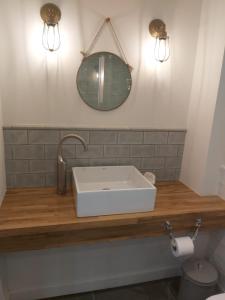 a bathroom with a white sink and a mirror at Sweet Meadow Lodge in Exeter