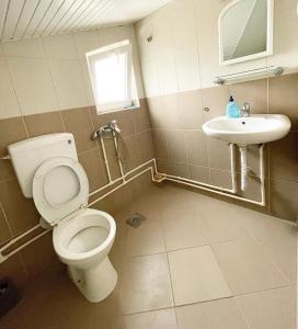 La salle de bains est pourvue de toilettes et d'un lavabo. dans l'établissement Centar Apartments, à Dojran