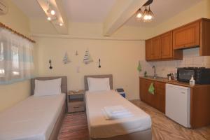 a small room with two beds and a kitchen at Vasiliki Blue in Vasiliki