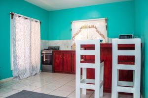 a kitchen with green walls and two white ladders at Bliss on the Bay family in West End