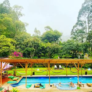 a pool at a resort with people swimming in it at Mama Tungu hostel in Baños