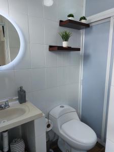 La salle de bains blanche est pourvue de toilettes et d'un lavabo. dans l'établissement Nuevo Depa #7 tipo loft en Planta Alta en Centro Histórico, à Zacatecas