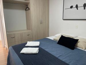 - une chambre avec un lit bleu et 2 serviettes dans l'établissement Melhor Casa para locação em Pomerode, à Pomerode
